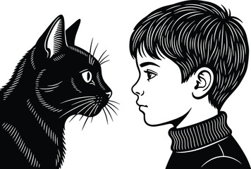 Boy and cat facing each other profile portrait, black and white engraved style vector illustration showing human animal connection © Arzina
