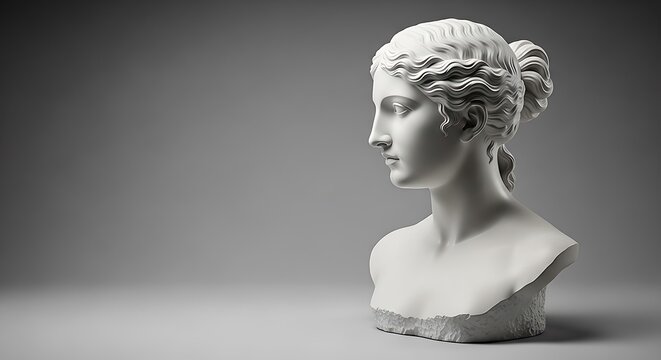 A classical white marble bust of a woman with curly hair, set against a gray background