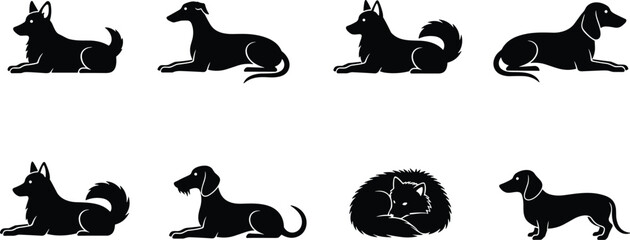 Dog silhouette collection with different breeds sitting lying and standing pet animal icons black vector illustration isolated set © rayhan