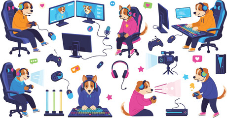 Naklejka premium Cute Dog Gamer Characters Playing Video Games with Console, Controller and Streaming Setup, Cartoon Puppy Esports and Gaming Lifestyle Vector Illustration Set