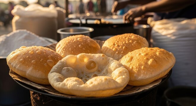Fragrant freshly made rotis, golden and puffy, being served from a street food stall