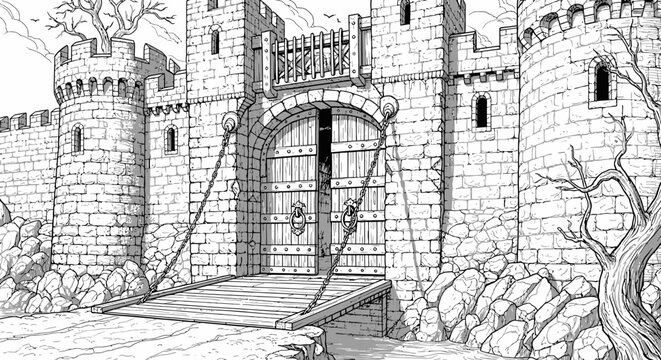 Detailed black and white hand-drawn illustration of a formidable medieval stone castle with a lowered drawbridge, portcullis, and towering turrets, historical fantasy architecture.
