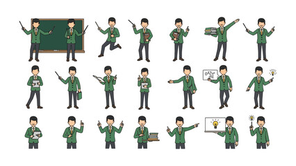 Teacher Pose in Education: A collection of a teacher in various poses, from teaching and presenting, perfect for educational content.