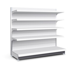 White empty store shelf rack mockup front. front view Product shelves counter design