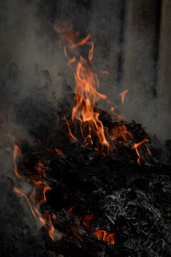 Orange flames burning dry leaves with thick smoke in a natural outdoor environment.