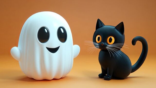 Cute Ghost and Black Cat, Halloween Cartoon Characters, Adorable Spooky Friends, Cat Cute Ghost and Black Cat Adorable Halloween Cartoon Friends for Autumn Celebration and Children's Design