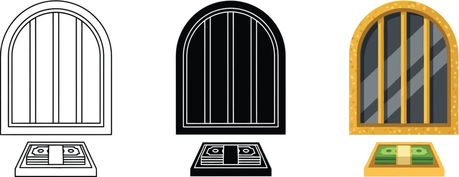 Bank teller window with cash on counter a secure financial transaction point for banking services and money exchange presented in a flat vector style