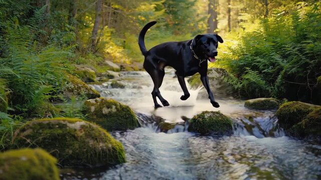 A happy black Labrador retriever pet runs through the water in nature, showcasing this active canine breed as a loyal domestic mammal and a beautiful portrait of a young dog