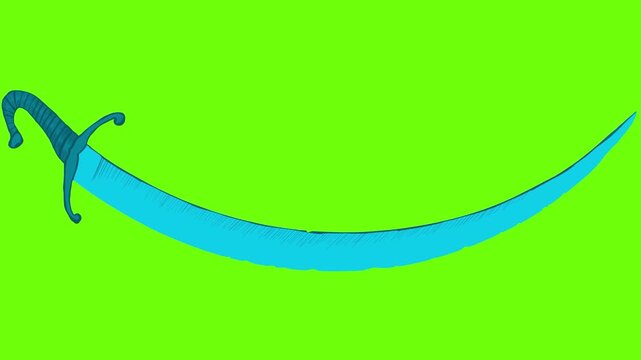 Self drawing sabre on green screen. Ethnic weapon of medieval warriors animated in 4K for stock overlay.