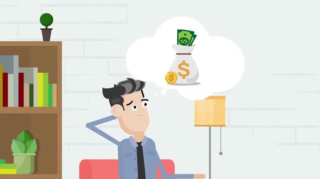 Businessman thinking about money idea animation, financial planning and business investment concept