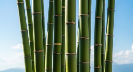 Fototapeta premium Tall green bamboo stalks freshly harvested in a dense grove under a clear blue sky