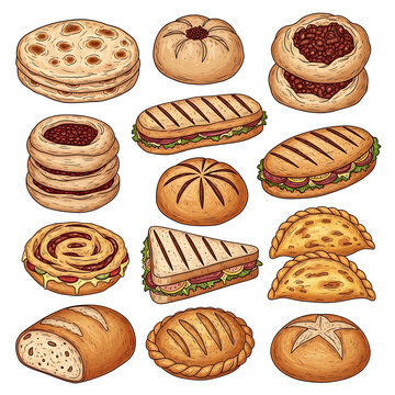 Hand-drawn Illustration of Assorted Breads and Rolls in Black and White Style

