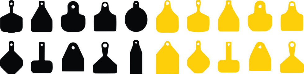 livestock ear tag icons set, farm animal identification tag silhouettes, cattle labeling equipment collection isolated on white background © Shahidul