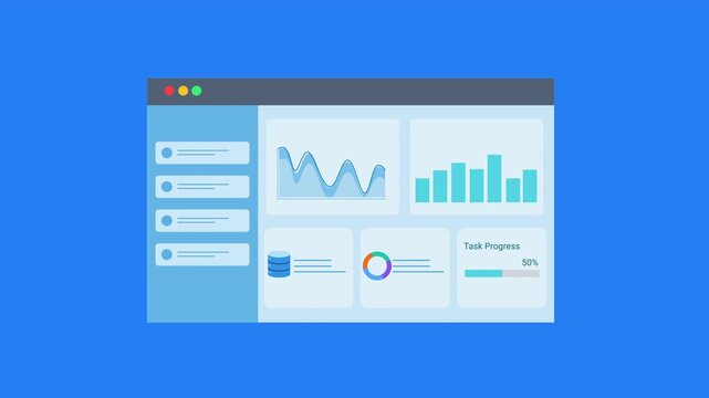 Animated flat dashboard interface displaying charts, graphs, and data panels in a browser window. Concept for data analytics, business reporting, statistics monitoring, and digital technology visualiz