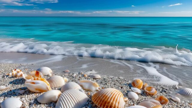 Serene coastal bliss captured at midday with shells scattered along a tranquil shore