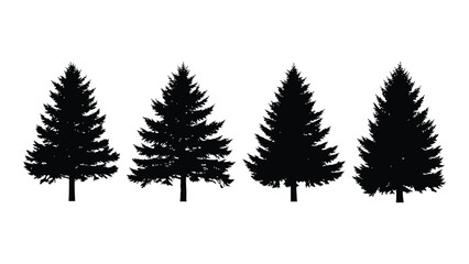 A serene and peaceful landscape featuring a row of four majestic pine trees in silhouette against a pristine white background, evoking a sense of calmness and tranquility in nature © JASMIN