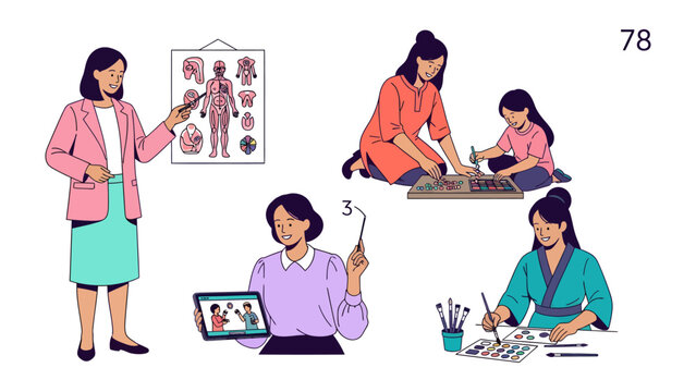 Educators and Artistic Pursuit: A collection of illustrations showcases educators engaged in diverse activities, from anatomy lessons to nurturing creative expression.