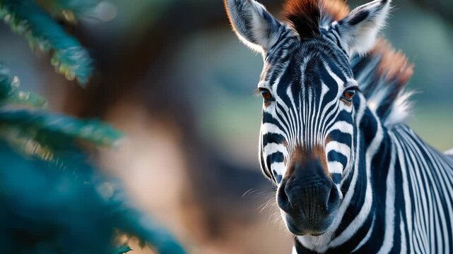 Zebra stands among green plants in a zoo during the late afternoon light, showing its stripes and bright eyes