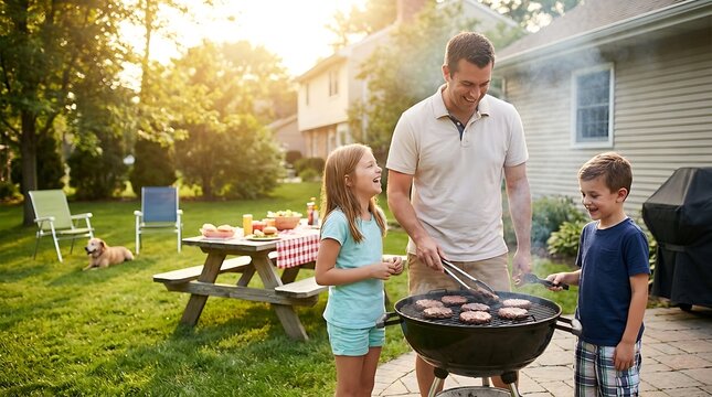 Father grilling with his children in a suburban American backyard during a relaxed and joyful Father&rsquo;s Day barbecue in warm summer evening light