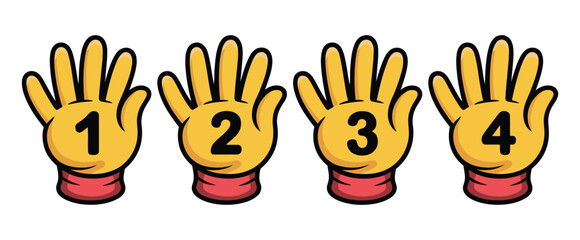 Fototapeta premium Comic Hands Number Gestures Vector, cartoon finger counting signs, hand numbers one to four, comic book style gloved hand illustrations, gesture symbols for education, communication, and design.