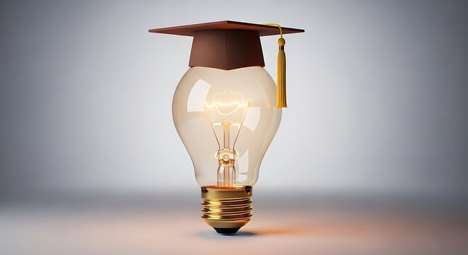 A glowing lightbulb wearing a mortarboard, symbolizing education and brilliant ideas