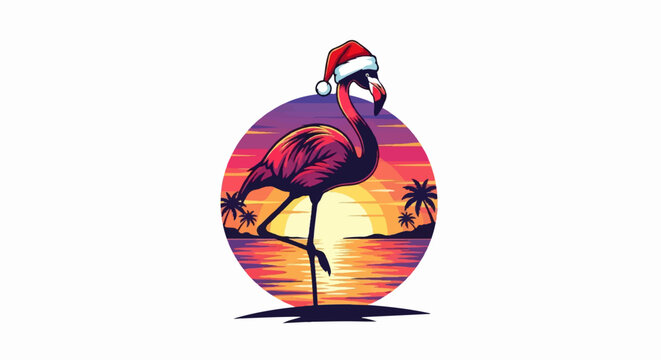 Retro flamingo in Santa hat on tropical beach at sunset