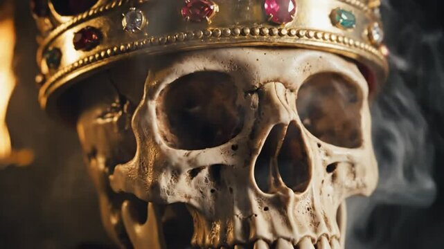 Ornate Skull Adorned with a Golden Crown and Precious Jewels in Dramatic Lighting