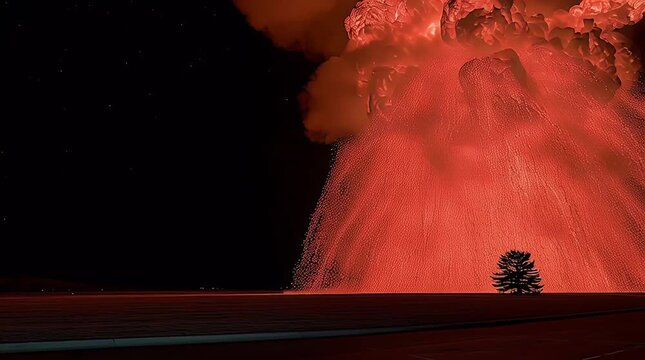 Abstract surreal landscape featuring a solitary tree beneath a vibrant red cloudscape evoking themes of isolation hope and unexpected beauty in a dark dreamlike setting