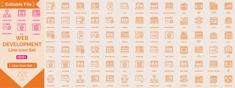 Web development Big set of web icons in line style. Developer icons for web and mobile app. Code, api, programmer coding, app, flow, node connect, web coder, bug fix and more. Vector illustration