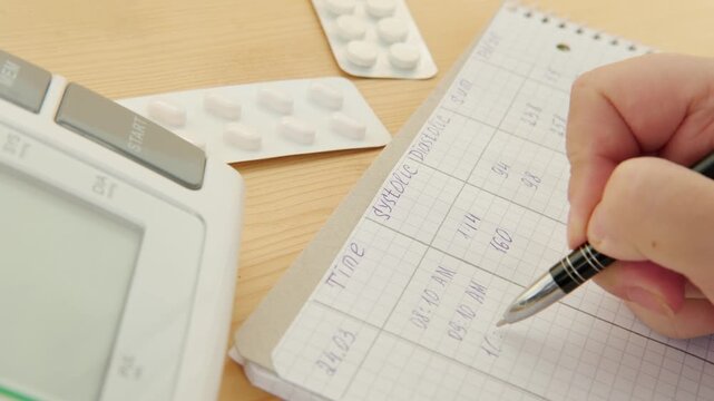 health daily tracking, hand writing blood pressure readings from monitor on sheet of paper, documenting blood pressure results, self-monitoring measurement, cardiovascular health