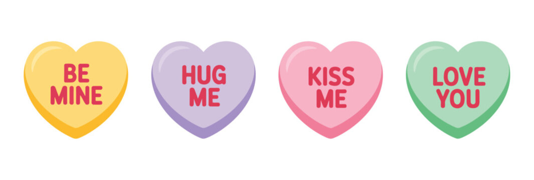 Conversation Heart Candies Vector, Valentine's Day love message sweets, colorful candy hearts with romantic text