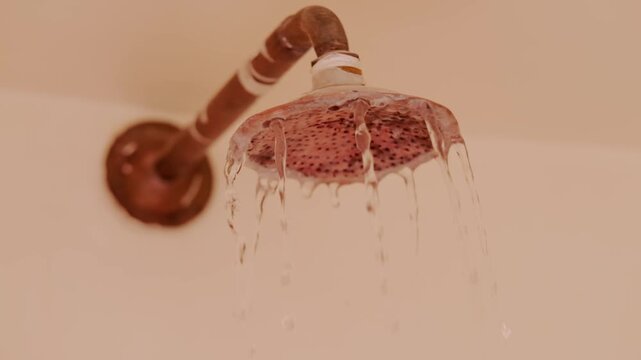 Vintage shower head in Morocco, rustic bathroom old design and cultural heritage, Moroccan plumbing, problem water in supply run out, antique copper shower fixture