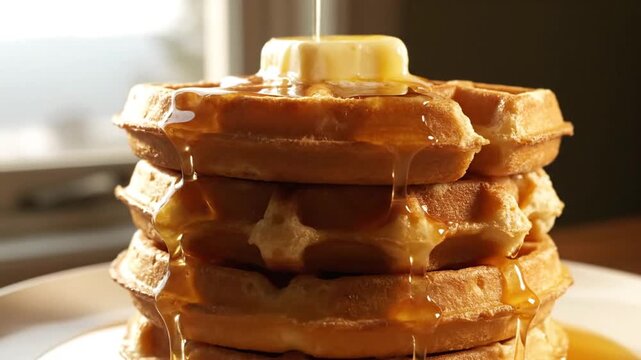 Stacked waffles with syrup.