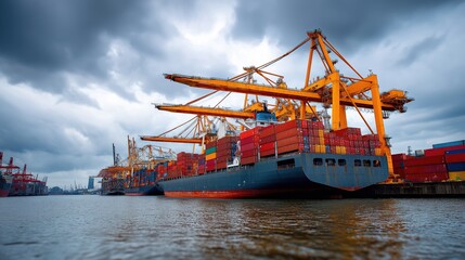 Fototapeta premium Cargo ship at dock with colorful containers and cloudy sky 