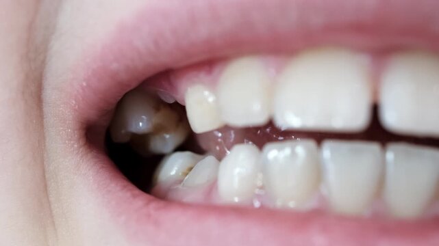 Child moves a milk loose tooth and presses on it with a tongue. Open mouth of a caucasian 9 year old kid. Posterior upper tooth remove. Changing teeth. Healthcare. Body part. High quality 4k footage.