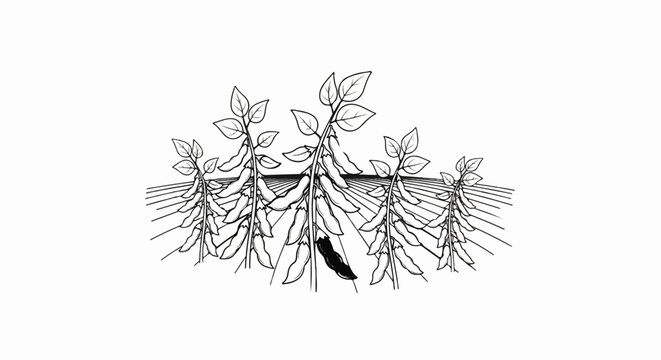 A line drawing of several soybean plants with pods and leaves
