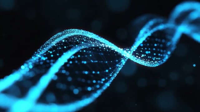 A digital, abstract rendering of a glowing, light-blue DNA double helix against a dark background