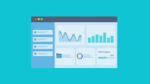 Animated flat dashboard interface showing charts, graphs, and data panels with folder icon in a browser window. Concept of data organization, analytics monitoring, and business reporting interface.

