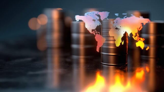 Oil barrels with world map overlay and flames in background  