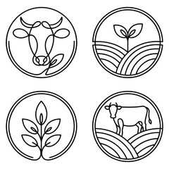 Obraz premium Farming and agriculture circular icons with cow and plants