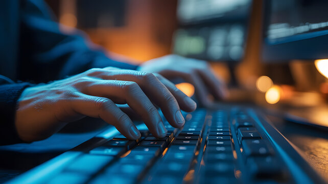 Close up of programmer hands typing on computer keyboard in dark room with cinematic blue lighting