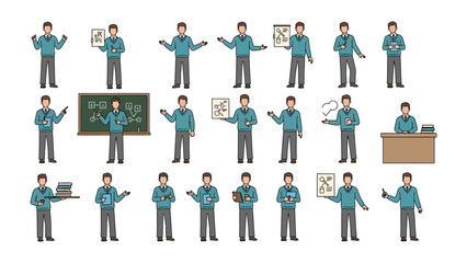 Professor Illustration: A charming illustration showcases a professor in various poses, teaching with a chalkboard, books, and scientific diagrams, against a crisp background.