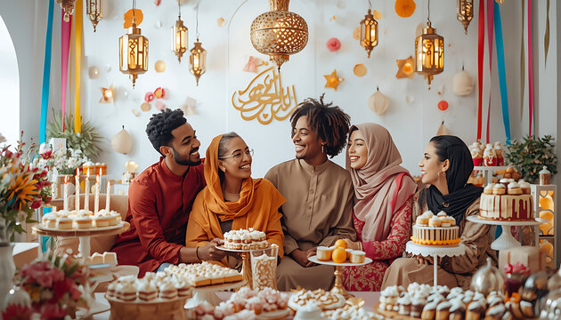 Diverse group of friends enjoying festive eid celebration, HD and 4k image