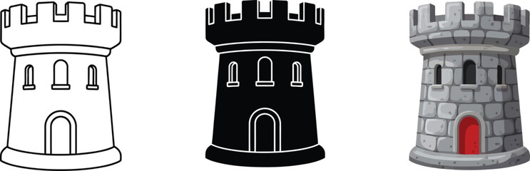 Three distinct castle tower illustrations presented in outline solid black and textured stone styles suitable for game assets historical projects or security symbols © Ahmad