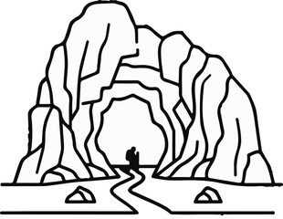 Obraz premium Person with backpack walking along winding path towards cave entrance in rocky mountains