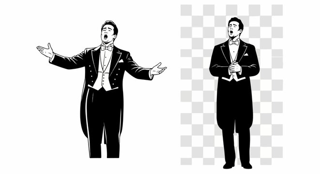 Opera singer in tuxedo, one with open arms, one with hands clasped