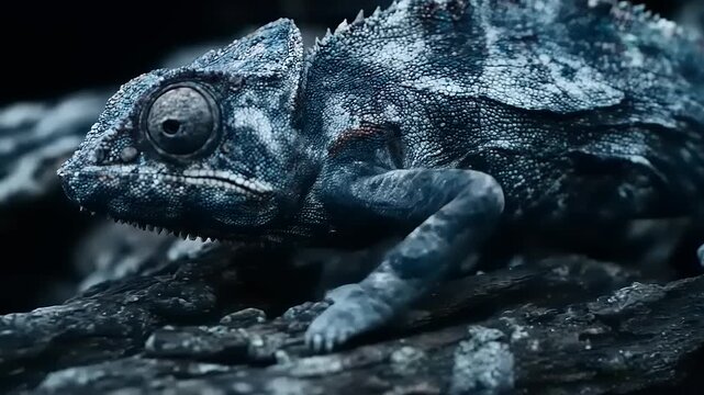 Intriguing close up of a panther chameleon resting on a gnarled branch offering detailed insights of its unique skin texture