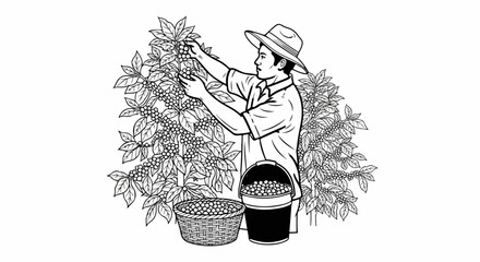 Man picking coffee beans from bushes, with full basket and bucket