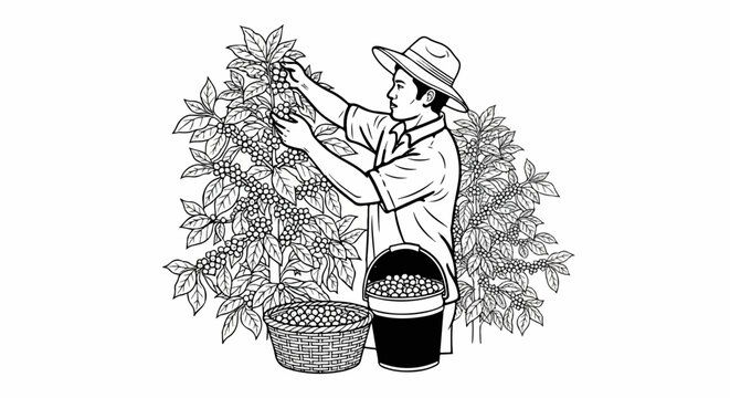 Man picking coffee beans from bushes, with full basket and bucket