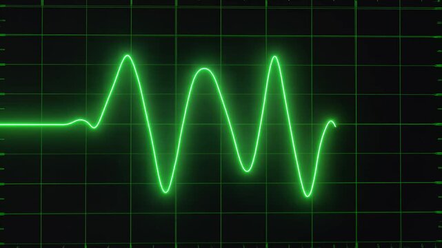 A vibrant green waveform oscillates across a black grid on mathematics day, showcasing Science Technology signal patterns.